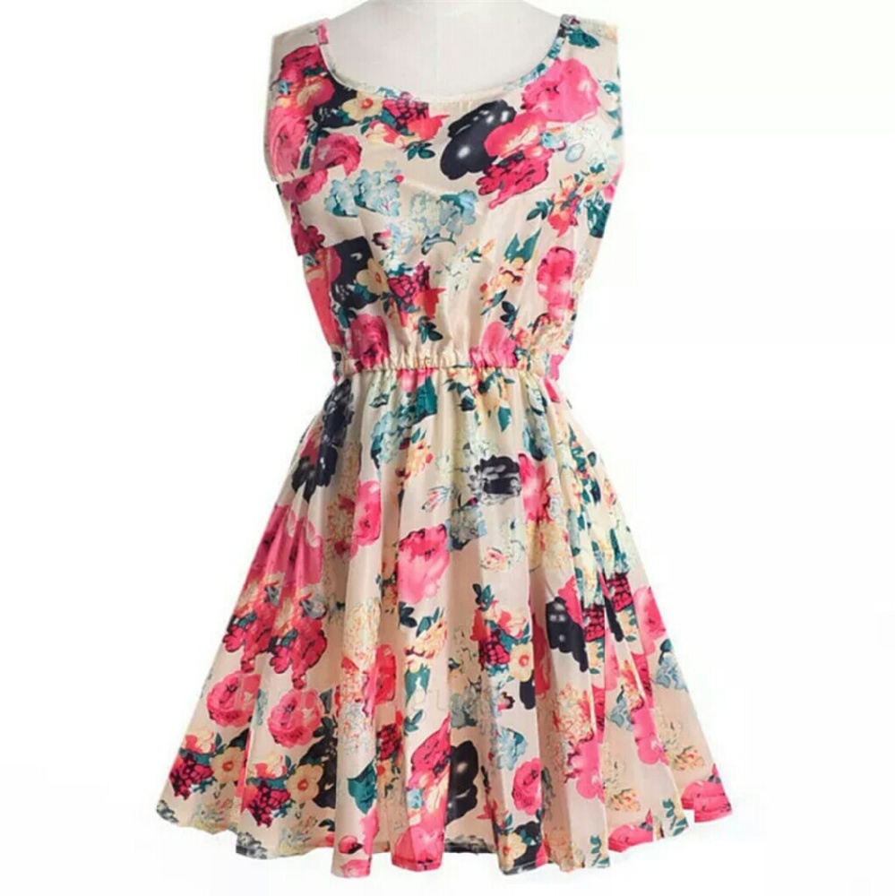 Chiffon Beige Floral Mini Dress